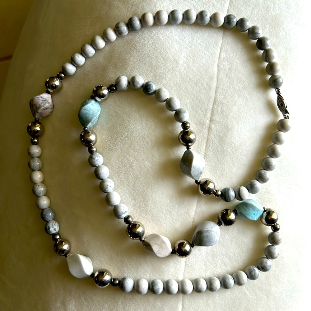 Vintage Genuine White Turquoise Silver Long Necklace